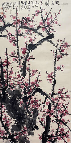 Chinese Red Plum Blossom Painting Paper Scroll, Guan Shanyue...