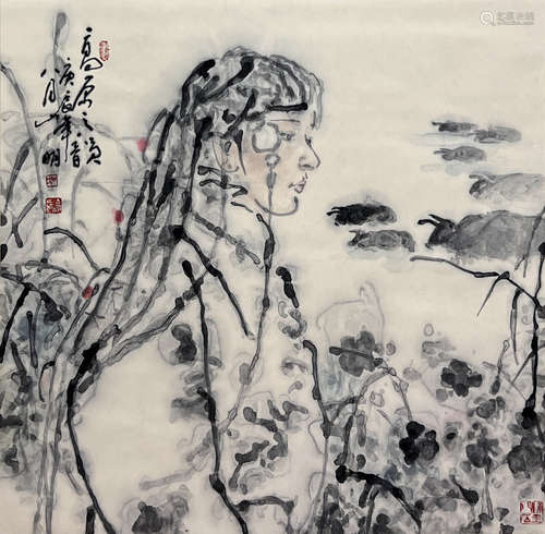 Chinese Figure Painting Paper Scroll, Wu Shanming Mark