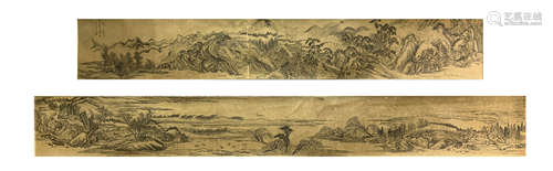 Chinese Landscape Painting Paper Hand Scroll, Wang Hui Mark