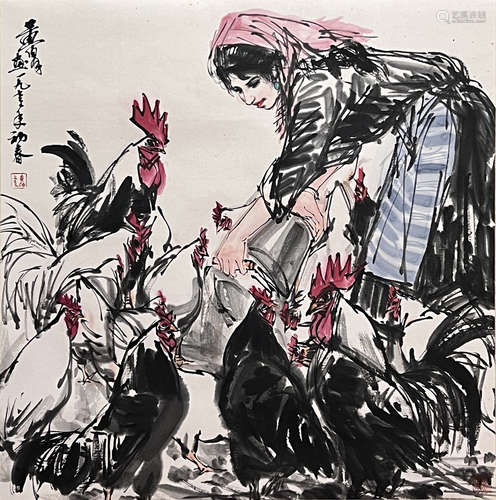 Chinese Rooster Feeding Painting Paper Scroll, Huang Zhou Ma...