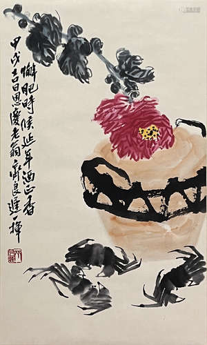 Chinese Flower and Bird Painting Paper Scroll, Qi Liangchi M...