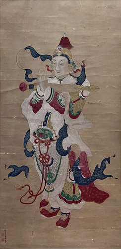 Chinese Figure Painting Paper Scroll, Ma Jin Mark