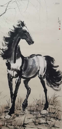 Chinese Horse Painting Paper Scroll, Xu Beihong Mark