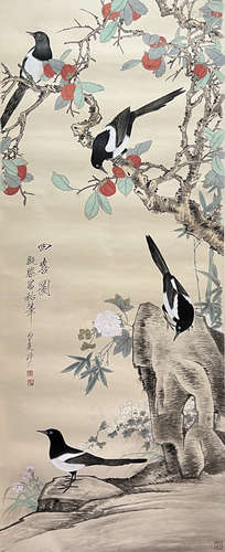 Chinese Flower and Bird Painting Paper Scroll, Yu Feian Mark