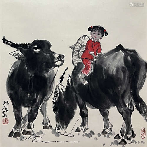 Chinese Figure Painting Paper Scroll, Zhang Guang Mark