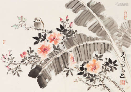 b.1946 霍春阳 芭蕉花卉飞鸟图 设色纸本 镜框