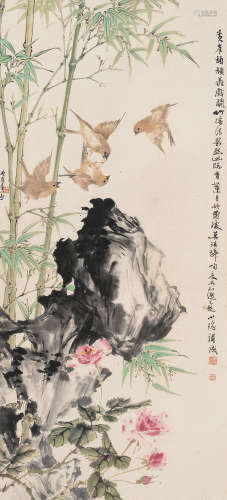1899～1984 孔小瑜 黄雀戏竹 设色纸本 立轴