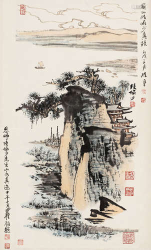 1909～1993 陆俨少 江山萧寺图 设色纸本 镜片