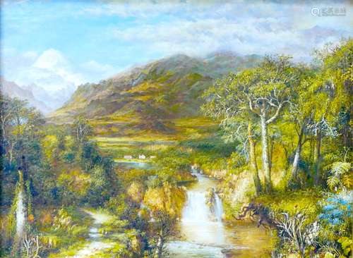 British school (20th century): Idyllic landscape with waterf...