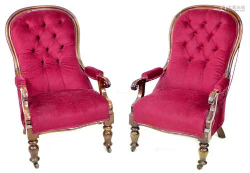 A pair of Victorian mahogany buttonback nursing chairs, upho...