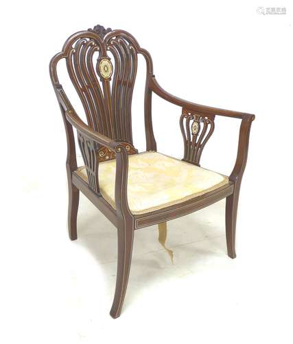 A Edwardian mahogany and ivory inlaid salon/nursing chair wi...