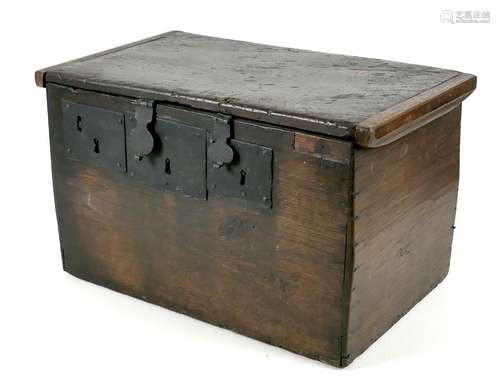 A small 17th century oak chest, with three iron lock plates ...