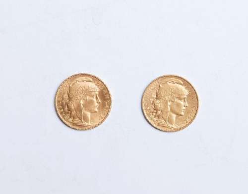 3- 2 pièces de 20 Francs or (coq) 12,9g