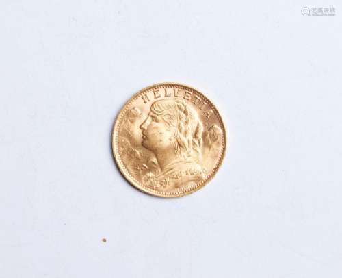 5- Pièce en or de 20 F suisse Berne 1947, poids 6,4 g