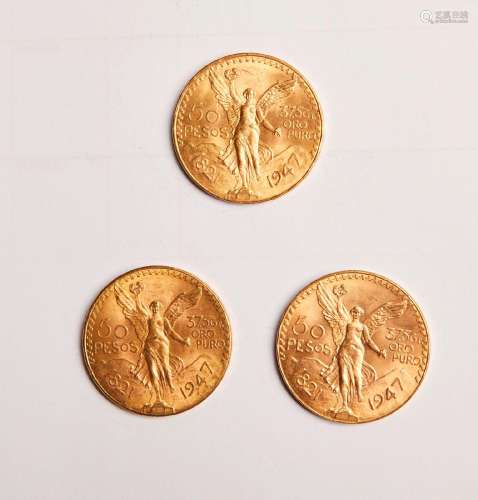 19- Trois pièces en or de 50 Pesos - 124,5g