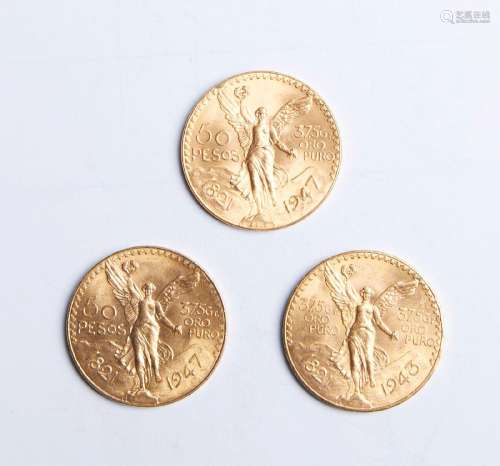 21 -Trois pièces en or de 50 Pesos - 124,5g