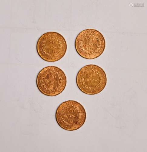 24- 5 pièces de 20 francs or - Génie- 32,1g