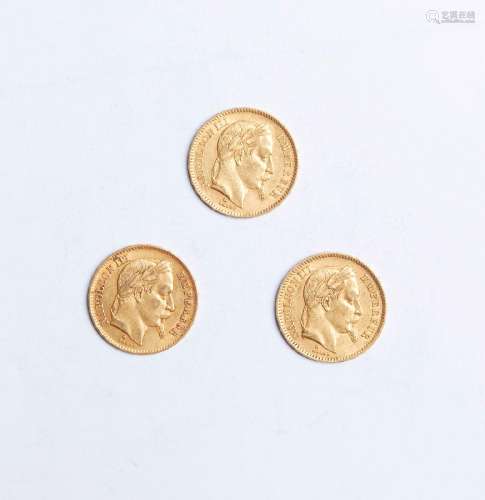 25- 3 pièces de 20 francs or Napoléon III- BB 1865-1866-1868