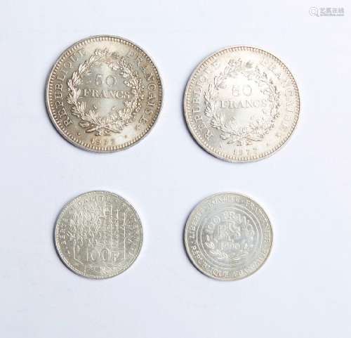 33 50 F argent x 2, on joint 2 pièces de 100 F 1982 Panthéon...