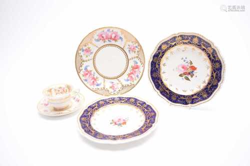 Two Worcester plates and a Coalport trio