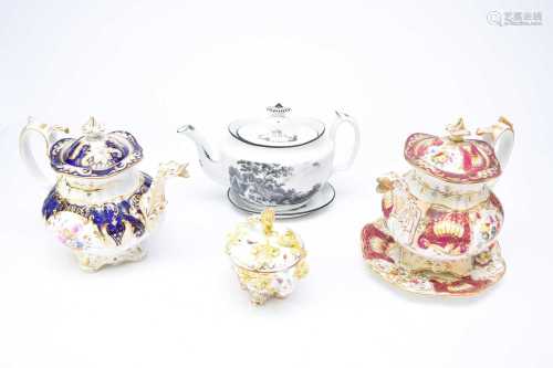 Three teapots and a Coalbrookdale bowl and cover