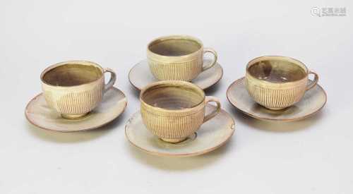 A set of four David Leach studio pottery cups and saucers