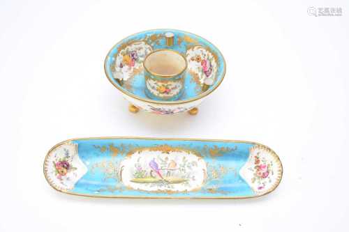 English-decorated Sevres porcelain oval dish and similar ink...