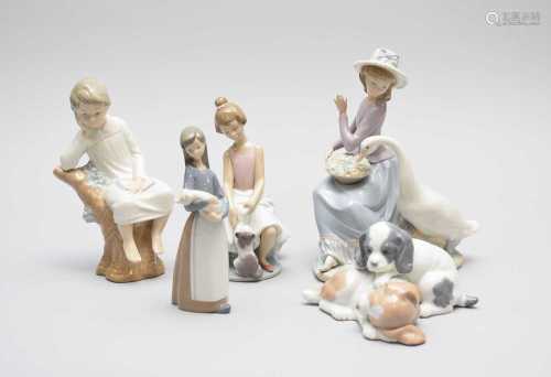 Four pieces of retired Lladro porcelain and a Nao group of t...