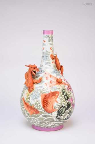 A large Chinese famille rose relief moulded bottle vase