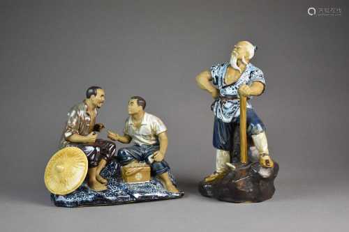 Two Chinese stoneware figures of farmers, Republic