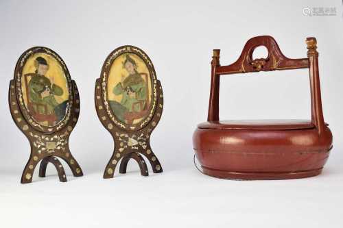 A Chinese lacquer wedding basket, a pair of inlaid table scr...