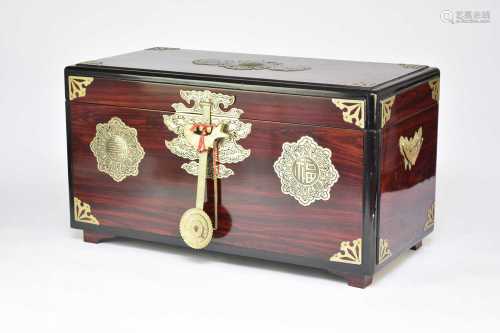 A Korean metal-bound figured and lacquered softwood chest