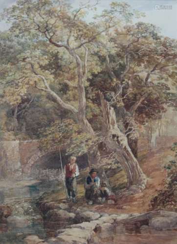 SAMUEL AUSTIN (1796-1834) THE YOUTHFUL ANGLERS Watercolour 3...