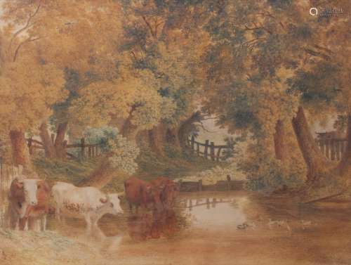 ROBERT HILLS (1799-1864) CATTLE WATERING AT A SHADY COUNTRY ...
