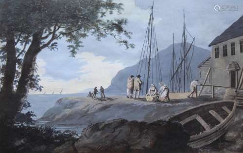 WILLIAM PAYNE (1760-1830) FISHERFOLK BY A COASTAL INLET Goua...
