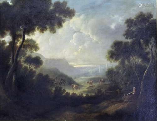 FOLLOWER OF GEORGE LAMBERT (1710-1765) LANDSCAPE WITH A LADY...