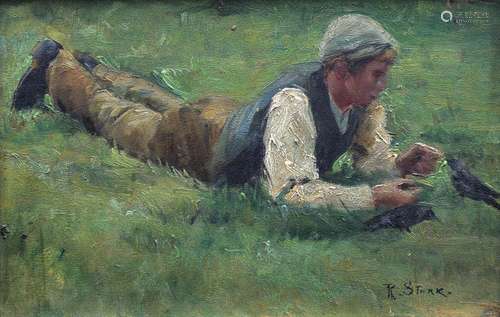 ROBERT STARK (1853-1931) THE LITTLE VISITOR Signed, oil on b...