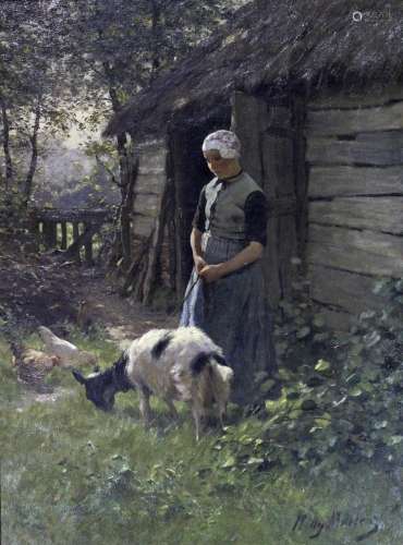 WILLY MARTENS (1856-1927) THE GOAT GIRL Signed, oil on canva...