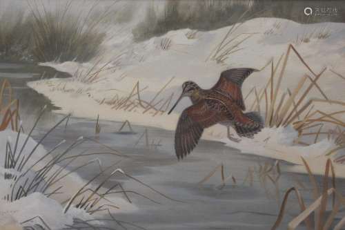 •PHILIP RICKMAN (1891-1982) WOODCOCK OVER A WINTER RIVER Sig...