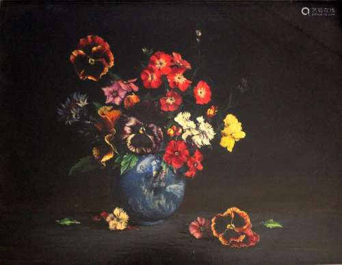 •LAURENCE BIDDLE (1888-1968) FLOWERS IN A BLUE BOWL Oil on b...