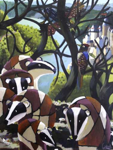 •LEE WOODS (b.1964) BADGERS IN FRANCE Signed, oil on board 1...