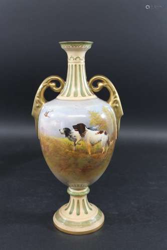 LARGE CROWN DEVON SIGNED VASE - R HINTON a large slender ped...