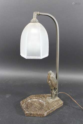 ART DECO LAMP - STORK a spelter figure of a stork, mounted o...