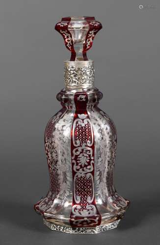 LARGE SILVER MOUNTED BOHEMIAN GLASS DECANTER & STOPPER a...