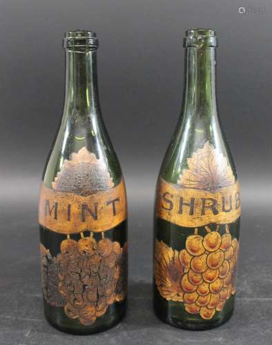 PAIR OF EARLY GLASS BOTTLES - MINT & SHRUB two 19thc gre...