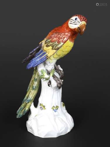 LARGE MEISSEN PARROT 20thc, a large model of a brightly pain...