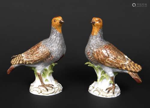 PAIR OF MEISSEN PARTRIDGES 20thc, naturalistically painted a...