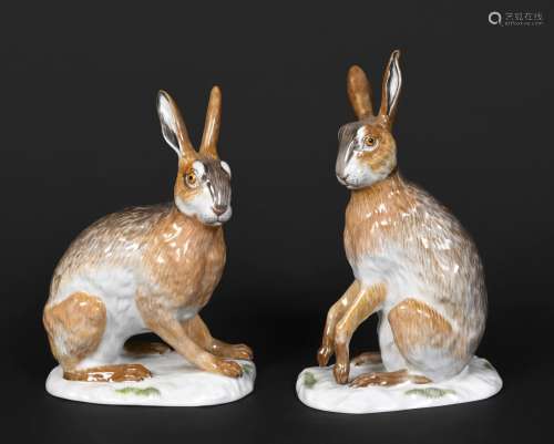 TWO MEISSEN HARES 20thc, Model No's 78590 and 73591, one...