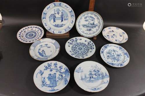 VARIOUS DELFT PLATES & DISHES 9 various 18thc delft blue...