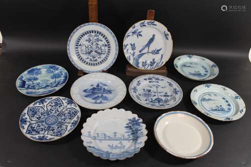 DELFT PLATES 10 various 18thc delft blue and white plates, i...